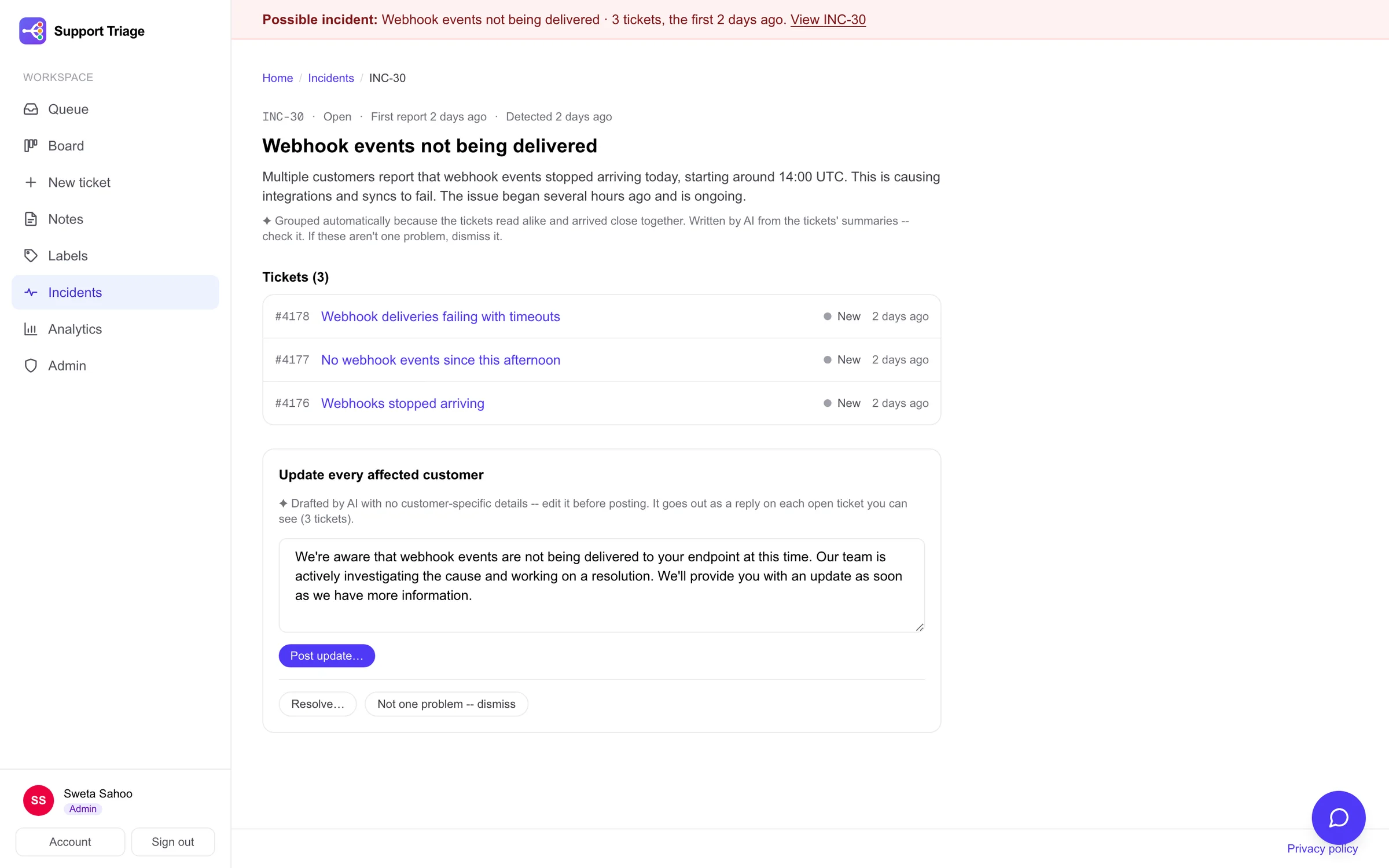 An incident: three tickets about the same webhook problem from different customers, with an AI-drafted update for staff to post