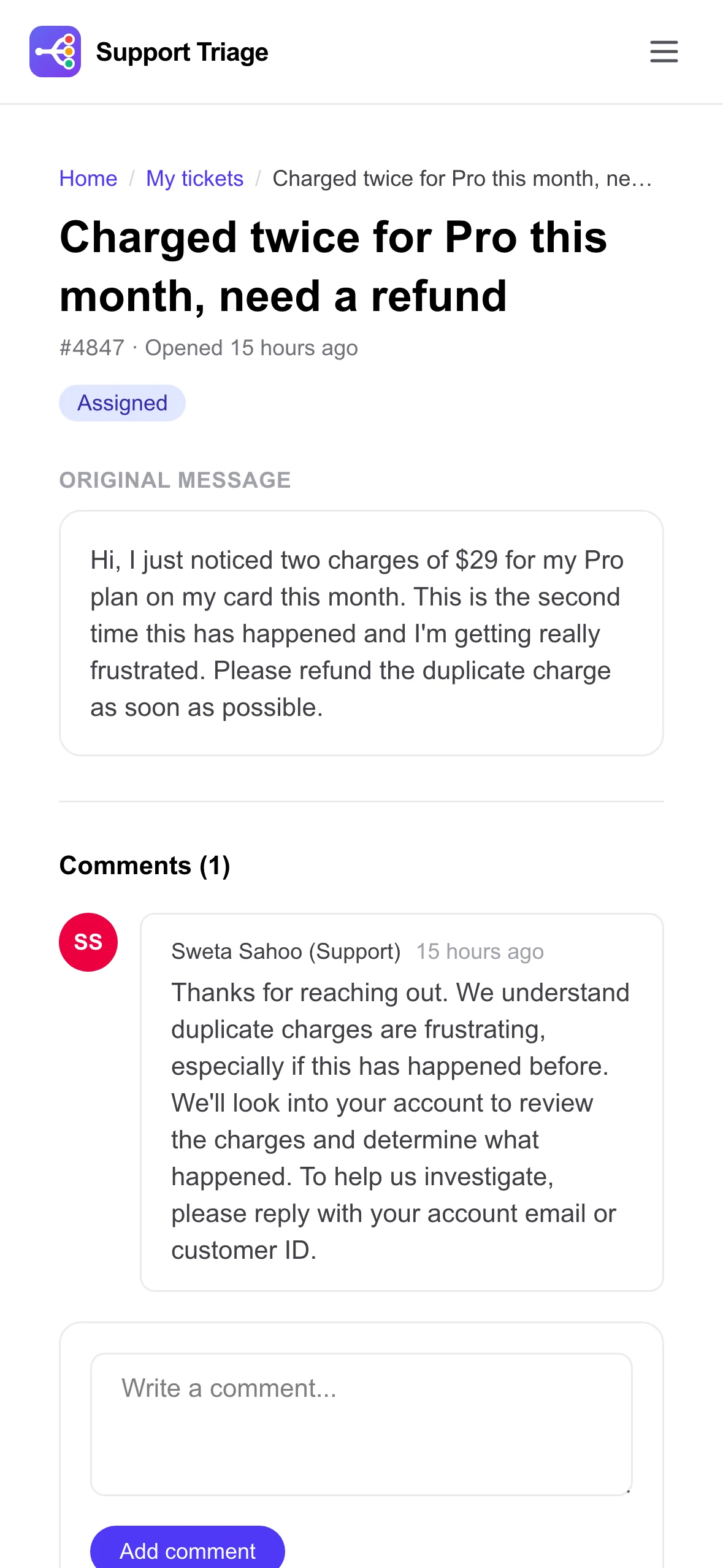A customer's view of their ticket on a phone, with the agent's reply